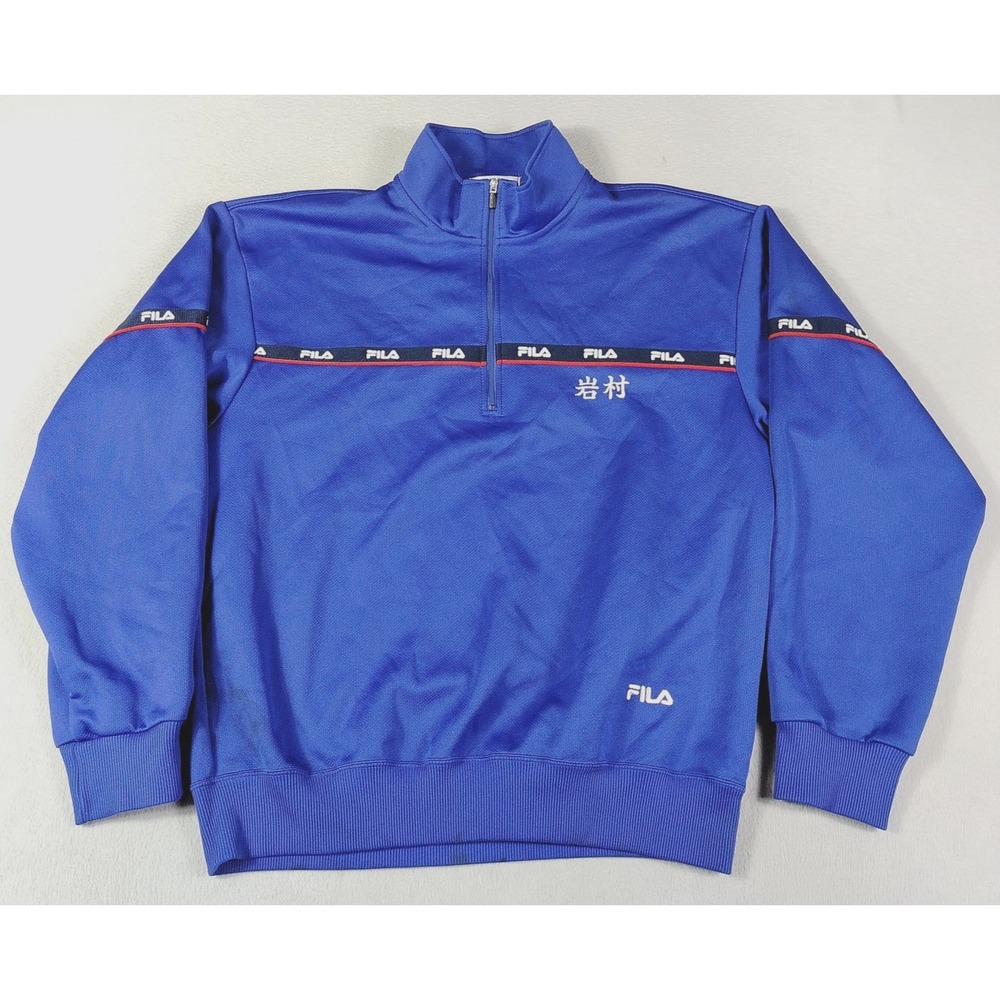 FILA Pullover Mens Large Blue 1/4 Zip Athletic Logo Tape Kanji Sweatshirt